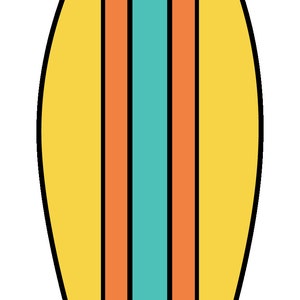 May include: A yellow surfboard with three orange and one teal stripe down the center.