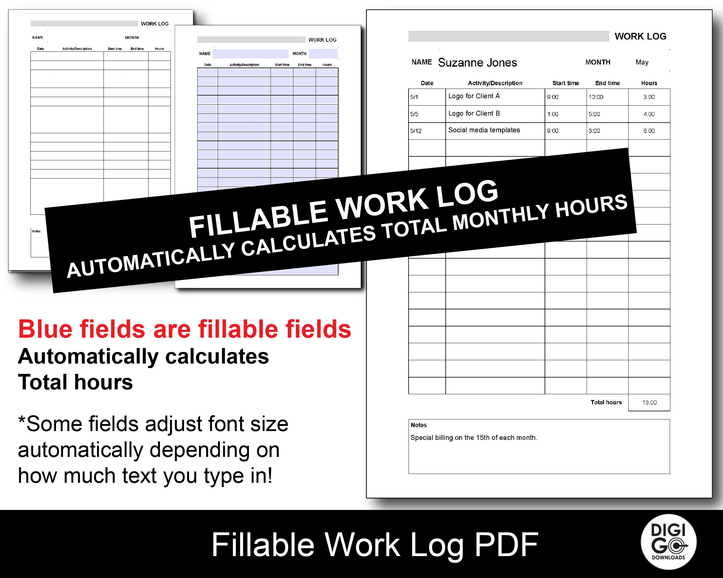 Work log printable / time log / time tracker / monthly work log / work time tracker / activity tracker / fillable work log