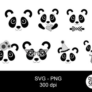 May include: Set of eight black and white panda bear illustrations with different accessories. The pandas are wearing glasses, a bow tie, a flower crown, a party hat, and a tie.
