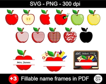 Apple svg / apple clipart / school svg / fillable apple / teacher svg / apple bundle / apple core svg / apple school svg / apple name frame