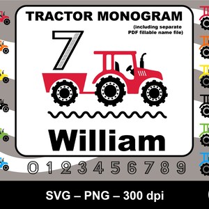 May include: A red tractor with a black number 7 on the side. The tractor is driving on a wavy line. The name William is written below the tractor. The image also includes numbers 0-9 and the text "TRACTOR MONOGRAM (including separate PDF fillable name file)" and "SVG - PNG - 300 dpi".