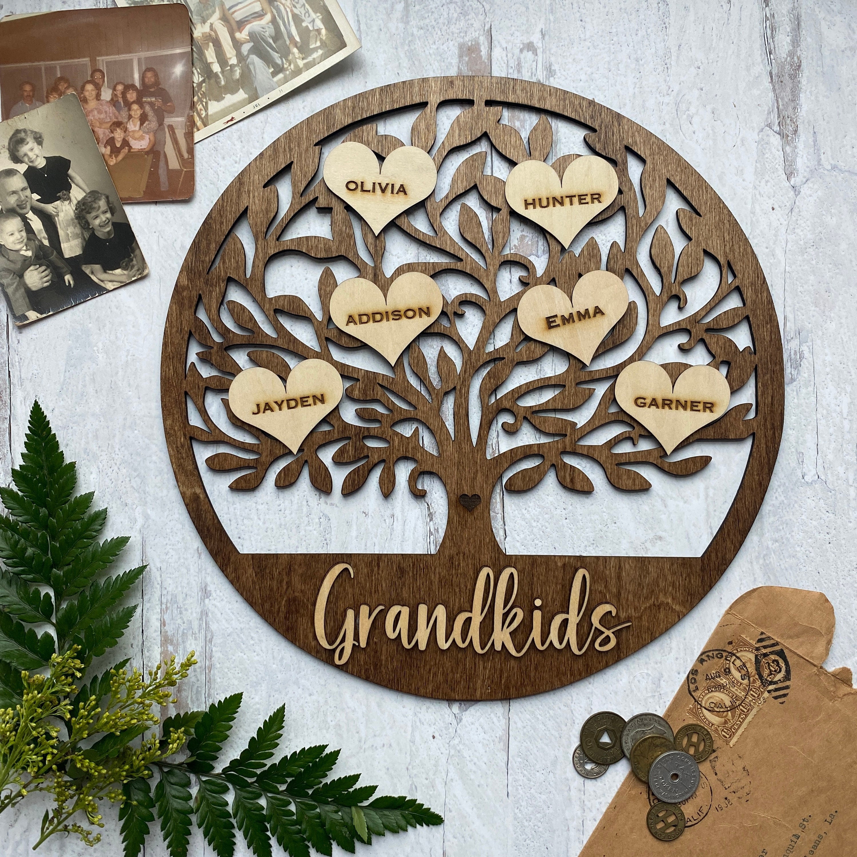 Personalized Wooden Family Tree Sign With Name Hearts. Wooden Grandkids ...