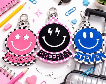 Personalized Smiley Face Backpack Tag for Kids – Custom Name Luggage Tag – Acrylic Bag Tag for School Backpack, Diaper Bag & Carry On