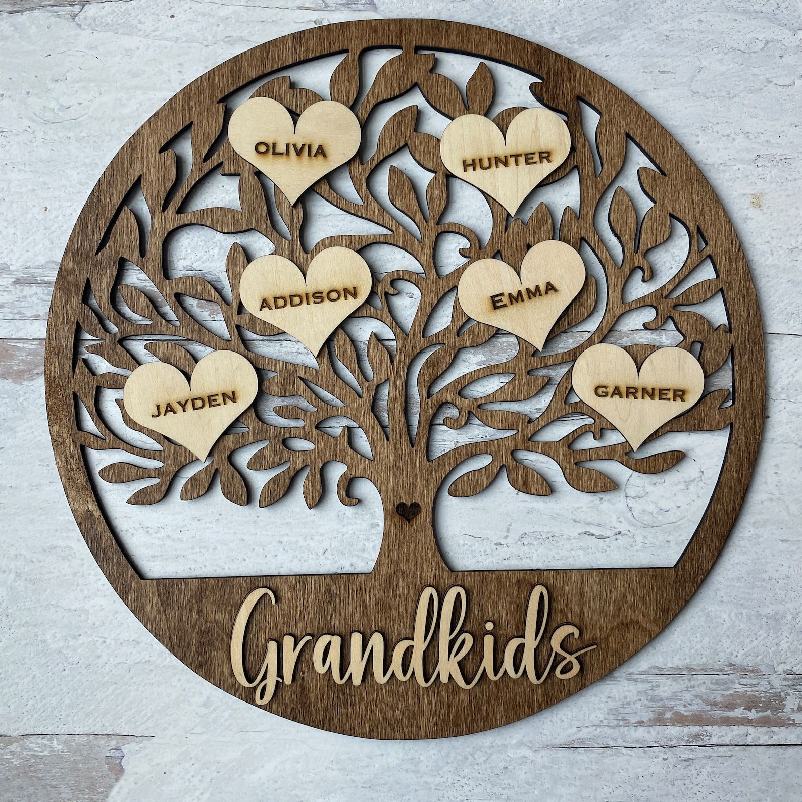 Personalized Wooden Family Tree Sign With Name Hearts. Wooden Grandkids ...