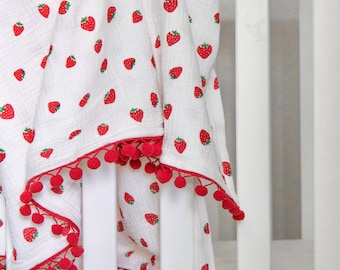 Strawberry Gauze Baby Blanket: Pom-Pom Trim, First Birthday Gift
