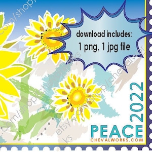 Ukraine Sunflowers Peace Stamp ClipArt, with White Background, 2022