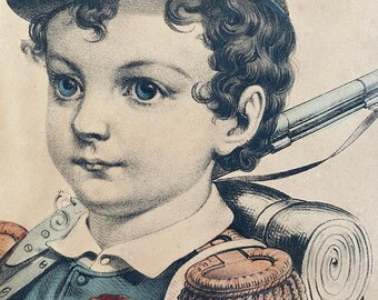 Boy Soldier Currier and Ives mid 19th Century Hand Colored Lithograph
