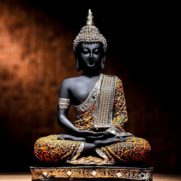 Statuette de Bouddha assis faite main pour décoration d'intérieur et cadeaux Diwali, orange et noir, 24 cm, 1 pièce