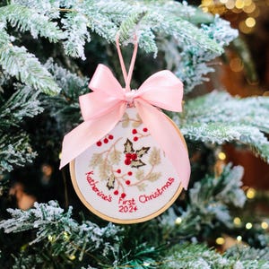 Personalized Christmas Ornaments - Hand Embroidered Ornaments - Baby&#39;s First Christmas Ornament Keepsake - Embroidered Hoop Art