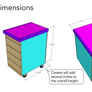 May include: A turquoise and wood drill press stand with a purple top. The stand is 25 inches tall, 21 inches wide, and 15.5 inches deep. Casters will add several inches to the overall height.