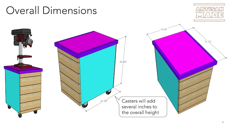 May include: A turquoise and wood drill press stand with a purple top. The stand is 25 inches tall, 21 inches wide, and 15.5 inches deep. Casters will add several inches to the overall height.