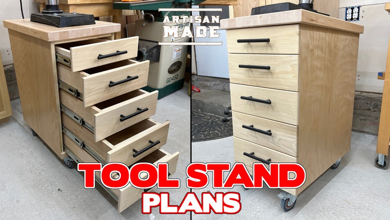May include: A wooden tool stand with five drawers and black handles. The stand is on wheels and has a top surface for working. The text "TOOL STAND PLANS" is printed on the front of the stand.