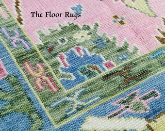 Green Pink Oushak, Pink Oushak 9x12, 12x15 Pink Oushak, Livingroom Pink Oushak, 9x12 Pink Oushak, Pink Oushak 10x12, Pink Floral Oushak 9x12