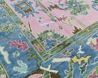 Light Pink Green Oushak 9x12, Large Pink Floral Wool Carpet, Turkish Pink 12x15 Oushak