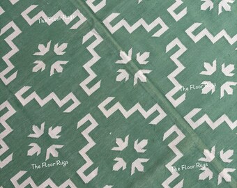 Green Geometric Kilim Rug 9x12 | Handmade Flatweave Wool Area Rug | Boho Tribal Pattern Carpet | Modern Farmhouse Decor | Floral Green Rug