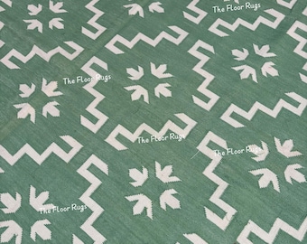 Green Floral Kilim Rug 9x12 | Handmade Flatweave Cotton Area Rug | Tribal Pattern Carpet | Modern Farmhouse Decor |Green White Boho Rug 8x10