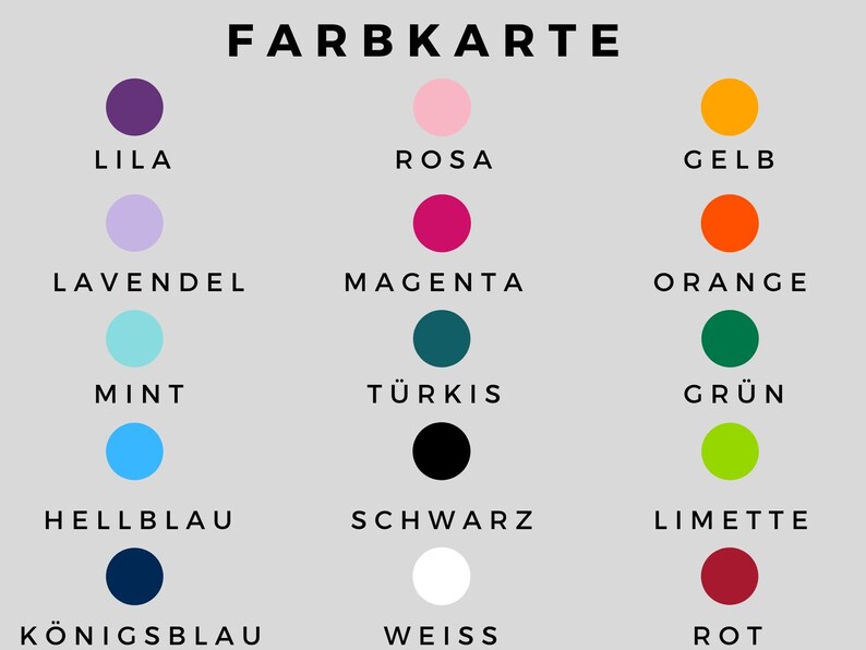 Peut inclure: Un nuancier avec 12 couleurs diff&eacute;rentes, chacune avec un nom allemand. Les couleurs sont : lilas, rose, jaune, lavande, magenta, orange, menthe, turquoise, vert, bleu clair, noir, vert lime, bleu fonc&eacute;, blanc et rouge.