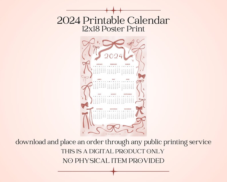 2024 Calendar Ribbons and Bows 12 X 18 Poster Print, Coquette Wall Art