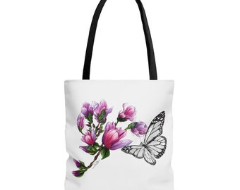 Adorable  Tote Bag/ Peony Flowers With Butterfly/ Shoulder Bag/ Reusable Bag/ Trendy Tote Bag/ Printed Tote Bag/Cloth Bag/Market Bag/