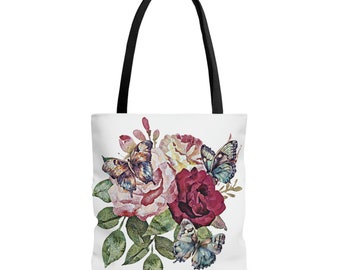 Roses And Butterflies Tote Bag/Flower Design Bag/Pink Flowers Bag/Butterflies/Birthday Gift/For Her/Anniversary/Mother's Day Gift