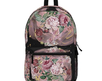 Roses Backpack/Roses/Peonies/Floral Design Backpack/Floral Design Backpack/Summer Bag/Vacation Backpack/Black Color Backpack/Women Backpack