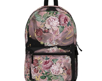 Sac à dos pivoines/Roses/Pivoines/Sac à dos Design floral/Sac à dos Design floral/Sac à dos de vacances/Sac à dos de couleur noire/Sac à dos pour femme