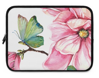 Magnolia And Green Butterfly Laptop Sleeve/ Pink Flower Design Tablet Cover/