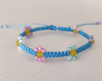 Blue Macrame Daisy Flower Bracelet with Multicolour Pastel Glass Beads, spring/summer accessory