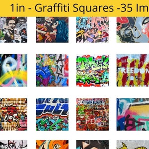 即時ダウンロード、35 枚の正方形のグラフィティ画像、1 インチのデジタル ストリート アート、印刷可能、紙コラージュ カード スクラップブック ジャーナル DIY ジュエリー、クリップアート