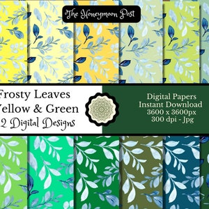 May include: Twelve digital paper designs featuring a frosty leaf pattern in shades of yellow, green, and blue. The papers are 3600 x 3600 pixels and 300 dpi.