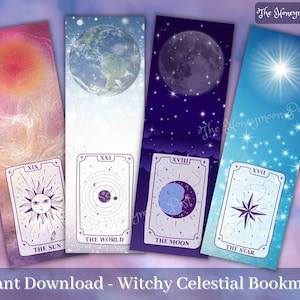 Instant Download Printable Bookmarks, Celestial Witchy Magic Tarot Bookmarks, jpg pdf, Digital Collage, 1 Sheet