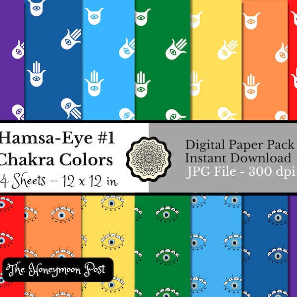 Instant Download Evil Eye Hamsa Image, Paper Pack 14 Sheets, Chakra Colors, Printable DIY Scrapbook Junk Journal Art Digital Craft Collage