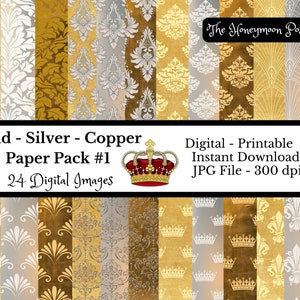 May include: A digital paper pack containing 24 images featuring gold, silver, and copper damask patterns. The pack includes a variety of designs, including crowns, fleur-de-lis, and other ornate motifs. The text "The Honeymoon Post" is visible in the top right corner of the image. The text "Gold - Silver - Copper Paper Pack #1 24 Digital Images" is visible in the bottom left corner of the image. The text "Digital - Printable Instant Download JPG File - 300 dpi" is visible in the bottom right corner of the image.