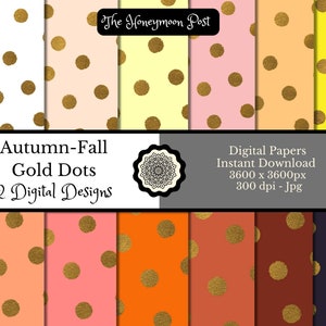 Instant Download, Gold Polka Dots Digital Image Paper 12 Autumn Shades, Printable DIY Card Scrapbook Junk Journal Elements Craft Collage Art