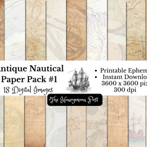 Instant Download, Antique Nautical Paper Pack 18 Ephemera Sheets, druckbare Scrapbook Journal Bastelzubehör, Digitale Collage, 12x12, 300dpi
