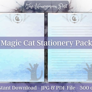 Descarga instantánea de papelería imprimible Paquete de papel Witchy, Blue Magic Cat & Moon, Carta de EE. UU., jpg pdf, Hojas digitales, Páginas de diario forradas