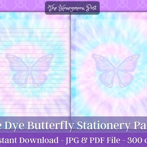 Téléchargement instantané Pack de papier de papeterie imprimable, Tie Dye Hippy papillons, lettre US, jpg pdf, feuilles numériques, Pages de journal ligné