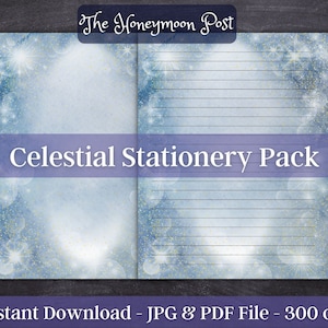 May include: A digital printable stationery pack with a celestial theme. The design features a blue background with white stars and a white border. The text "The Honeymoon Post" and "Celestial Stationery Pack" is included in the design. The text "Instant Download - JPG & PDF File - 300 dpi" is at the bottom of the image.
