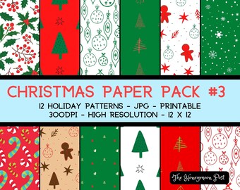 May include: Twelve digital paper patterns featuring Christmas themes, including holly, candy canes, ornaments, gingerbread men, and snowflakes. The patterns are in red, green, white, and brown. The text "CHRISTMAS PAPER PACK #3" and "The Honeymoon Post" are visible.
