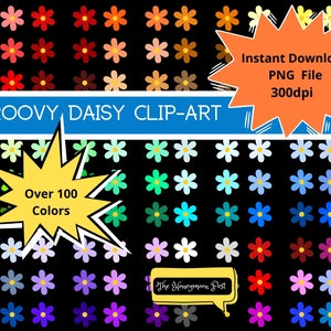 Instant DOWNLOAD Clip Art, Groovy Daisy Flowers, 108 Images, PNG Rainbow Colors Printable DIY Collage Card Scrapbook Journal Digital Clipart