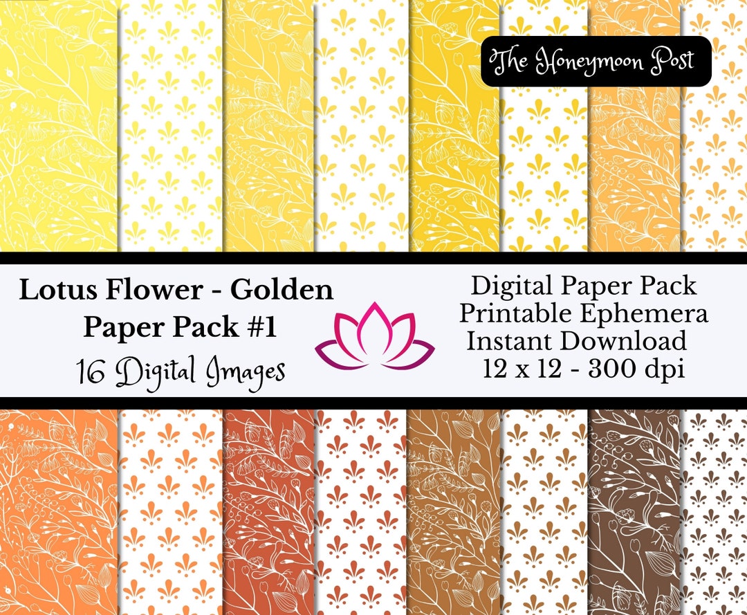 Instant Download Lotus Flower Paper Pack, 16 Sheets, Golden Shades ...