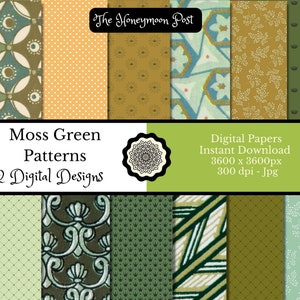 Instant Download Moss Green Digital Image Paper Pack, 12 Sheets, Printable DIY Card Scrapbook, Junk Journal Elements, Craft Collage Clip Art