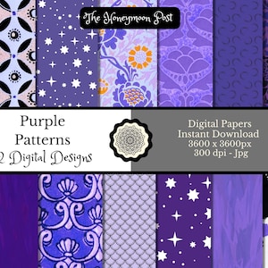 Instant Download, Purple Patterns, 12 Digital Image Paper Sheets, Printable DIY Card Scrapbook Junk Journal Elements Craft Collage Clip Art