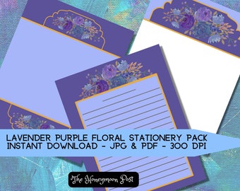 DOWNLOAD istantaneo Pacchetto di carta di cancelleria stampabile Lavanda Fiori viola, 3 fogli US Letter Jpg pdf digitale, rigato vuoto, album di ritagli di giornale