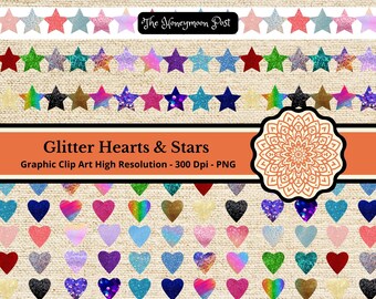Clip Art de descarga instantánea, 60 Glitter Hearts & Stars, Rainbow Colors PNG File, Antique Scrapbook Journal Craft Commercial Use Digital Images