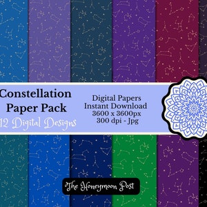Instant Download Constellation Stars Paper Pack 12 vellen, Jewel Tone Shades, Afdrukbare DIY Scrapbook, Journal Art Digital Craft Collage JPG