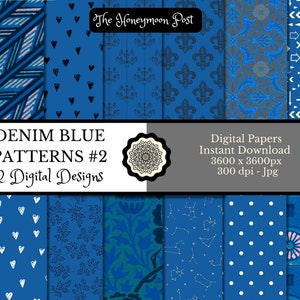 Instant Download Denim Blue Digital Paper, 12 Sheets, Mixed Patterns, Printable DIY Scrapbook Junk Journal Elements, Craft, Collage Art, JPG