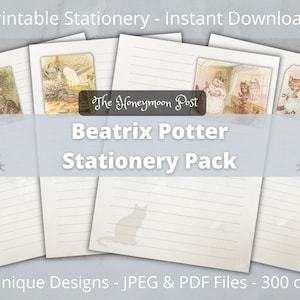 Puede incluir: Cuatro diseños de papelería imprimibles con ilustraciones de gatos de los libros de Beatrix Potter. Los diseños son de estilo vintage con un fondo azul claro y líneas blancas. El texto "Beatrix Potter Stationery Pack" está en negrita.