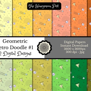May include: Twelve digital paper designs featuring geometric patterns in various colors, including yellow, orange, green, and blue. The patterns include circles, triangles, and wavy lines. The text "Geometric Retro Doodle #1" and "12 Digital Designs" is displayed at the top of the image. The text "Digital Papers Instant Download 3600 x 3600px 300 dpi - Jpg" is displayed at the bottom of the image.