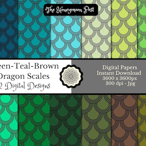 Instant Download Dragon Scales, Digital Paper, 12 Sheets, Green Teal Brown, Printable DIY Scrapbook Junk Journal Elements, Craft Collage Art